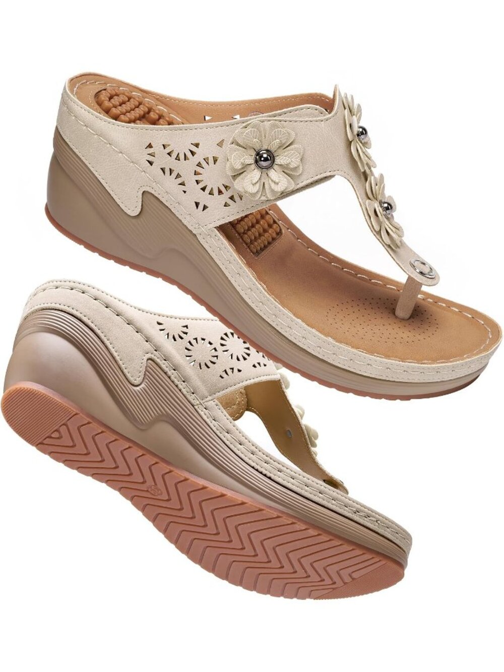 Women's Beige Adjustable Strap Casual Platform Flip Flops Heels Wedge Sandals